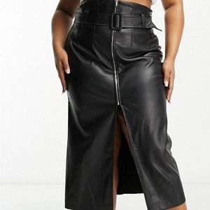 ASOS DESIGN Curve faux leather belted midi skirt with zip detail in black